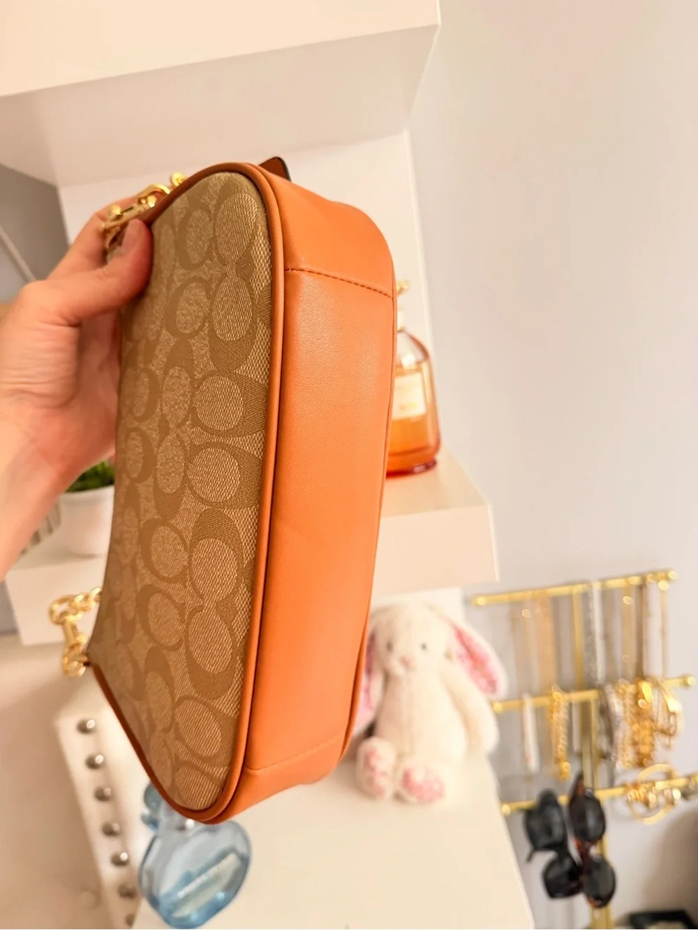 Coach Teri Regular Shoulder Bag in Beige with Tan Trim and Gold Hardware